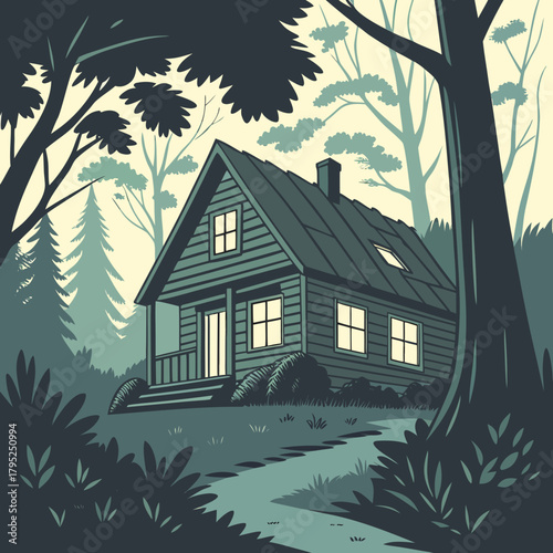 Cozy cabin nestled among tall trees in a serene forest setting