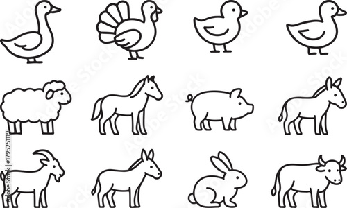 Farm Animals Black and line Icon Set – Goose, Turkey, Chick, Duck, Sheep, Horse, Pig, Donkey, Ox.