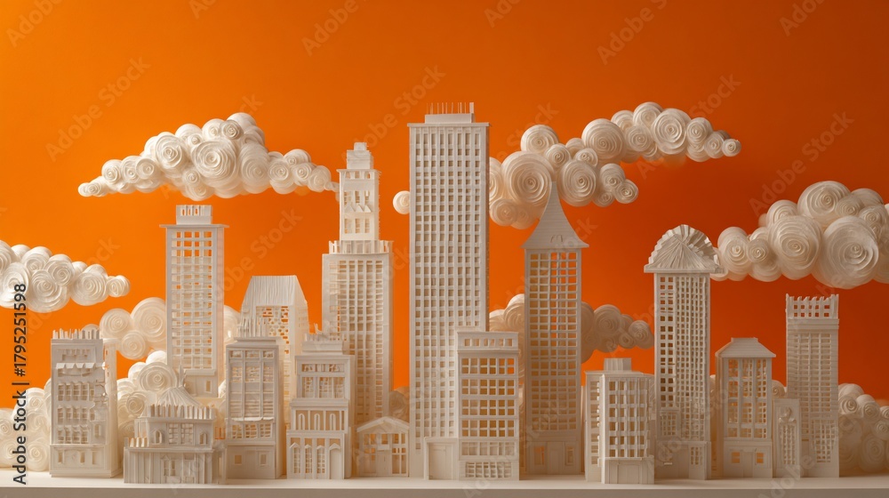Fototapeta premium Whimsical white city skyline on orange