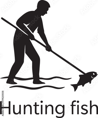 Man Hunting Fish with Spear or Pole Silhouette Vector. Traditional Fishing or Spearfishing Icon.