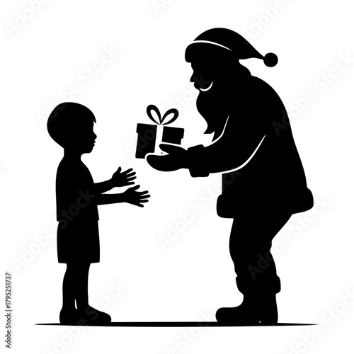 Gift Exchange: An outline silhouette of Santa Claus presents a wrapped gift to an awaiting child, portraying the joy of giving. 