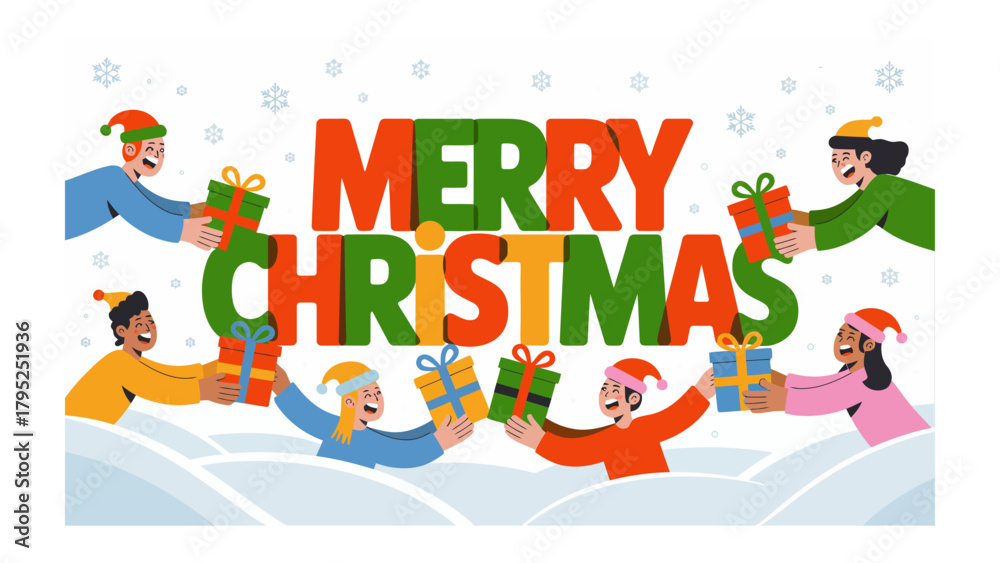 Fototapeta premium Holiday Cheer: Merry Christmas, A vibrant holiday scene depicts joyful exchange of gifts, symbolizing generosity and festive spirit. The vivid colors and playful design evoke a sense of cheer.