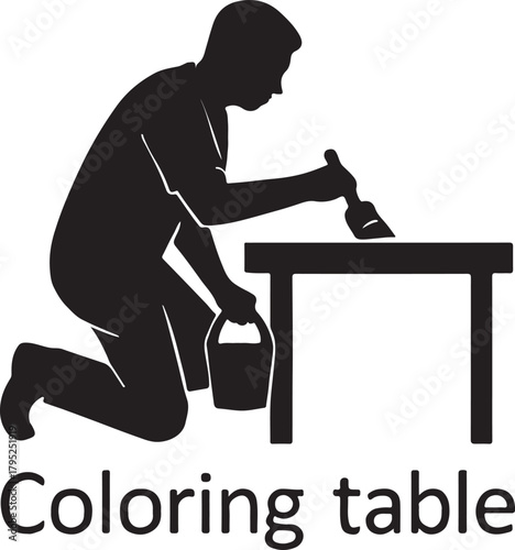 Man Painting or Coloring Table Vector Silhouette. Furniture Refinishing, DIY Home Repair Icon.