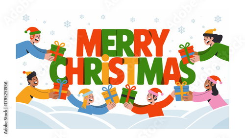Holiday Cheer: Merry Christmas, A vibrant holiday scene depicts joyful exchange of gifts, symbolizing generosity and festive spirit. The vivid colors and playful design evoke a sense of cheer.