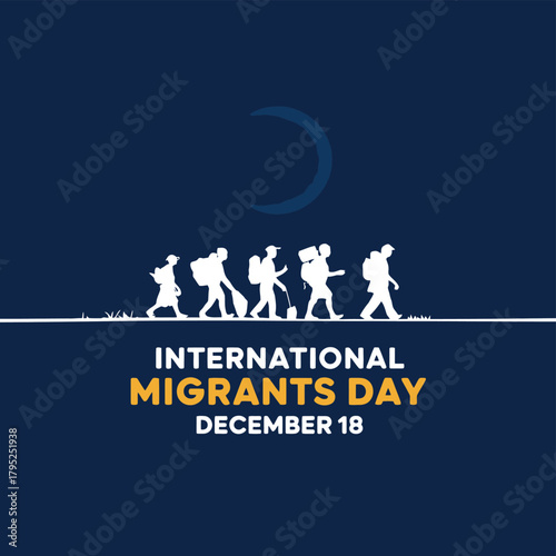 International migrants day illustration featuring a line of diverse migrant silhouettes carrying backpacks and walking under a dark sky with a moon, symbolizing their challenging journey
