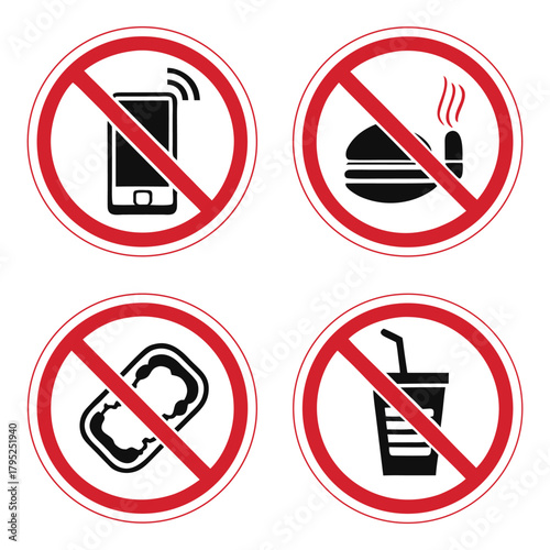 Four prohibition signs showing no cell phone, no smoking, no chewing gum, and no drinks allowed here