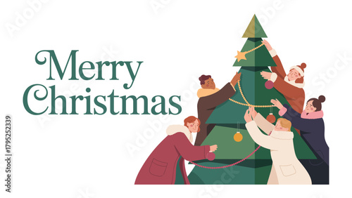 Merry Christmas tree Decoration: A harmonious ensemble of diverse individuals gathers to decorate a festive Christmas tree. Celebrating unity. 