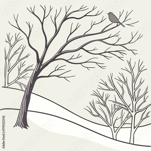 Lone bird perched on bare tree branch in snowy landscape