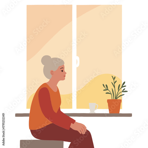 Elderly woman looking out window. Senior woman gazing out window. Older woman standing by window and looking outside. Mature woman by window, portrait view. Elderly set