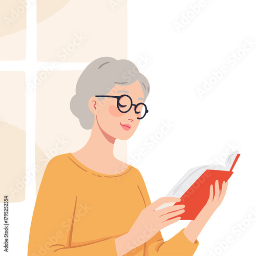 Elderly woman reading a book. Senior woman sitting and reading. Older woman with a book in hand. Mature woman reading indoors. Elderly set