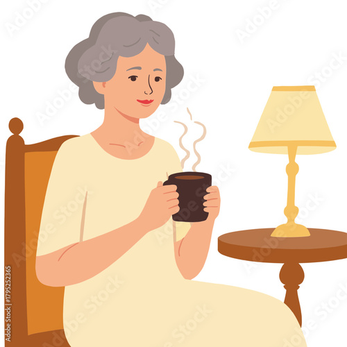 Elderly woman holding a hot drink. Senior woman sipping a warm beverage. Elderly woman with hot cocoa. Grandmother enjoying a warm drink. Elderly set