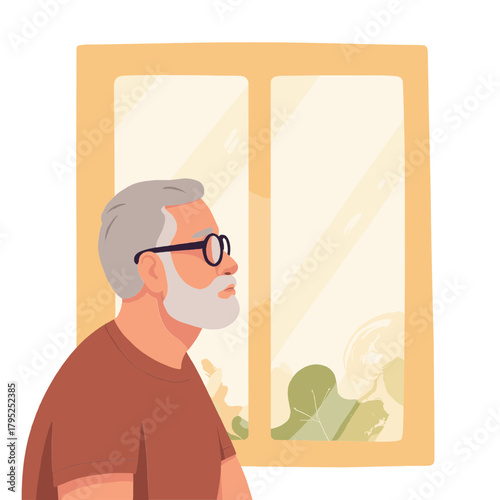 Senior man by the window. Elderly man standing near a window. Older gentleman looking through the window. Mature man pictured by window light. Elderly set