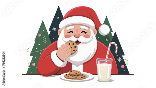 Festive Treat: A jolly, red-suited figure enjoys a delectable moment with cookies and a glass of milk in a heartwarming scene full of holiday cheer.