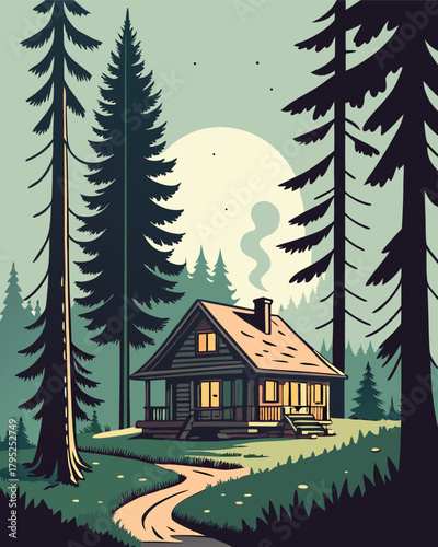 Cabin in forest with moonlit sky