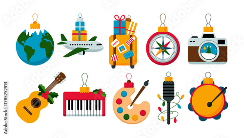  Festive Travel & Hobby Ornaments: A vibrant collection of Christmas ornaments, each representing a different aspect of travel and hobbies, from a globe to a musical instrument.