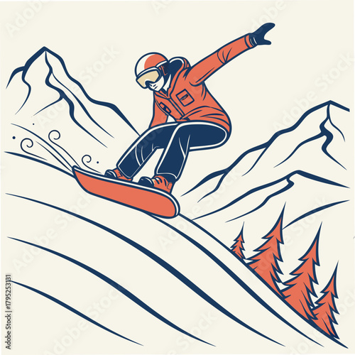 Snowboarder carving down a snowy mountain slope