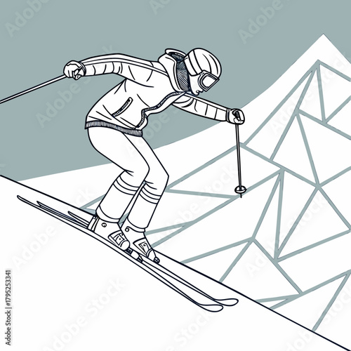 Stylized illustration of a skier descending a snowy mountain