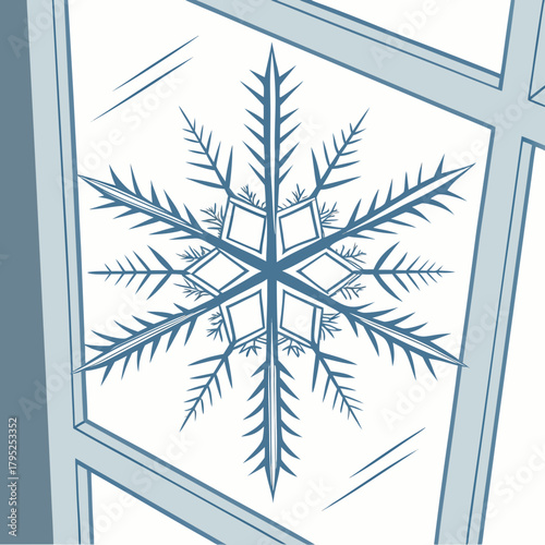 Stylized blue snowflake on a window pane