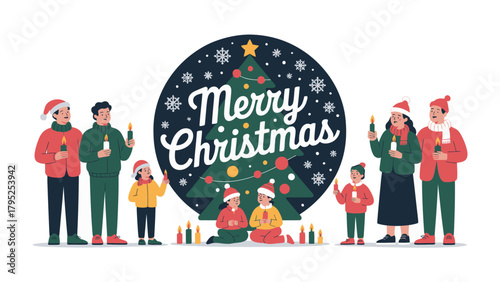 Merry Christmas Gathering: A harmonious gathering of individuals, sharing the spirit of Christmas. with Christmas tree in the center and merry Christmas message in the center.