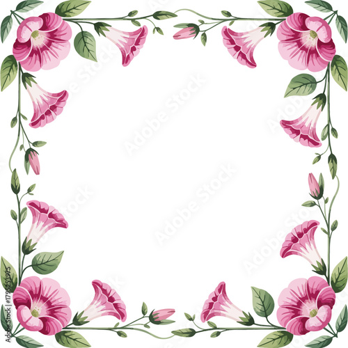 Decorative floral frame of pink morning glory flowers and green leaves