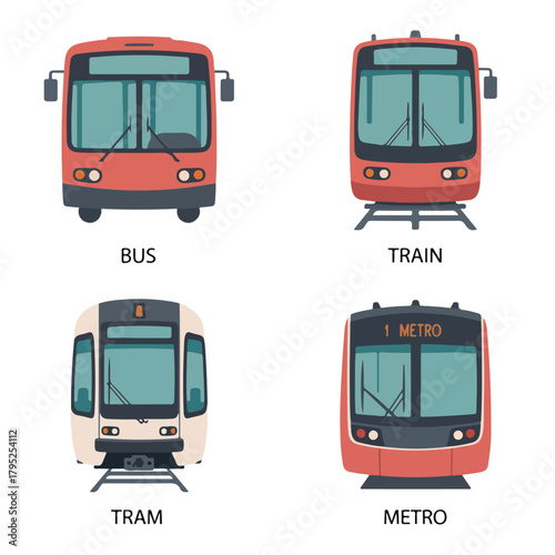 Bus, train, tram and metro icons isolated on