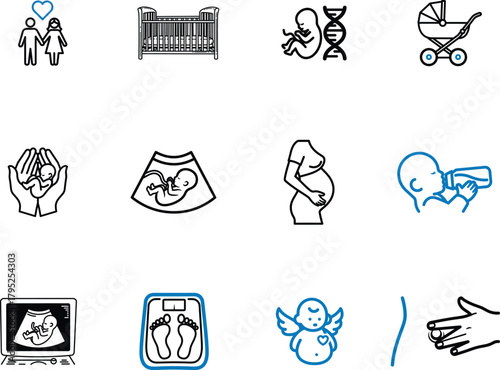 Family planning and pregnancy vector icons set with couple in love child in womb and related themes