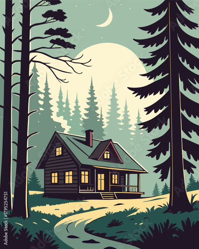 Cozy cabin in forest under moonlight
