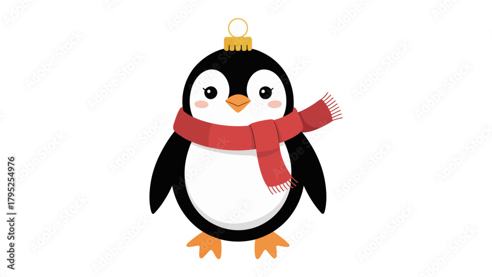 Fototapeta premium Festive Penguin Ornament: A charming, cartoon penguin, adorned with a red scarf and a golden ornament, embodies winter joy and holiday cheer.