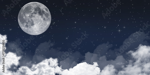 Night sky. Clouds with snowflakes and stars. Christmas star. Moon at night