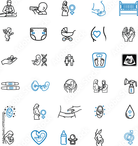 Pregnancy and Baby Care Icons Collection Representing Stages of Development and Parental Support with Diverse Elements