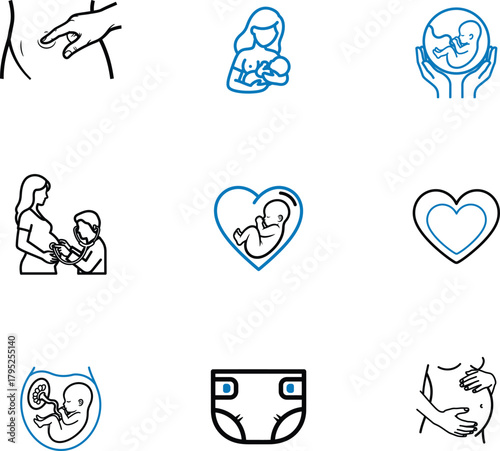 Pregnancy and motherhood themed icons representing different stages of maternity and infancy including fetal development breastfeeding and care illustrations