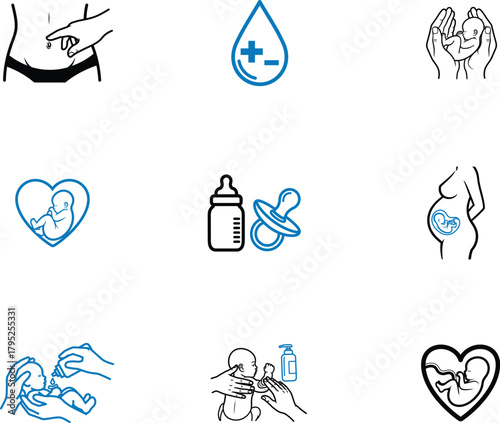 Pregnancy and Newborn Care Icons Collection Set Representing Various Stages and Aspects of Parenthood for Baby Shower and Medical Designs