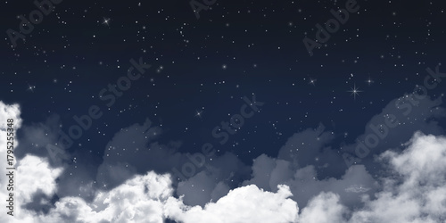 Night sky. Clouds with snowflakes and stars. Christmas star. Moon at night