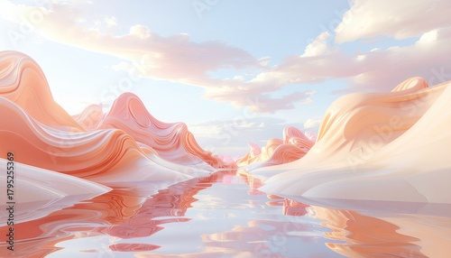 Surreal dreamscape landscape with flowing pink and white hills reflecting in calm water under a soft sky with pastel clouds and gentle sunlight