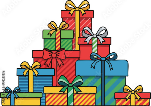 A colorful pile of wrapped Christmas gifts with bows on a plain white background, featuring red, green, blue, and yellow presents.