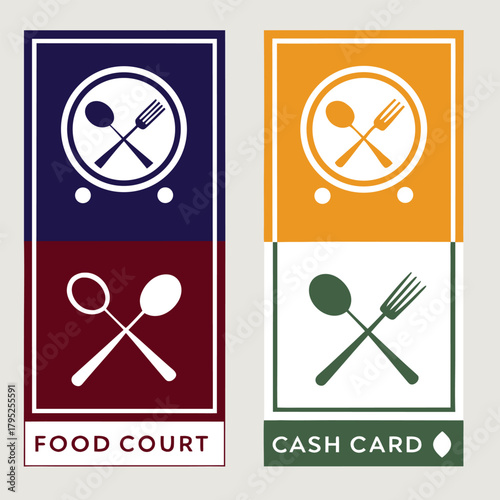 Illustration of two vertical food court and cash card signs with cutlery icons and different color schemes