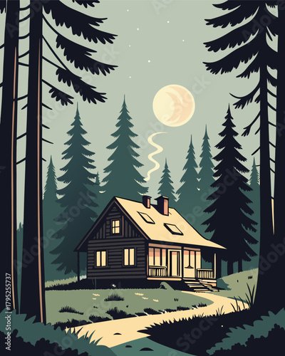 Cozy cabin in forest under moonlight