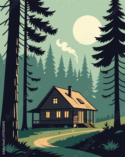 Cabin in forest under moonlight with smoke