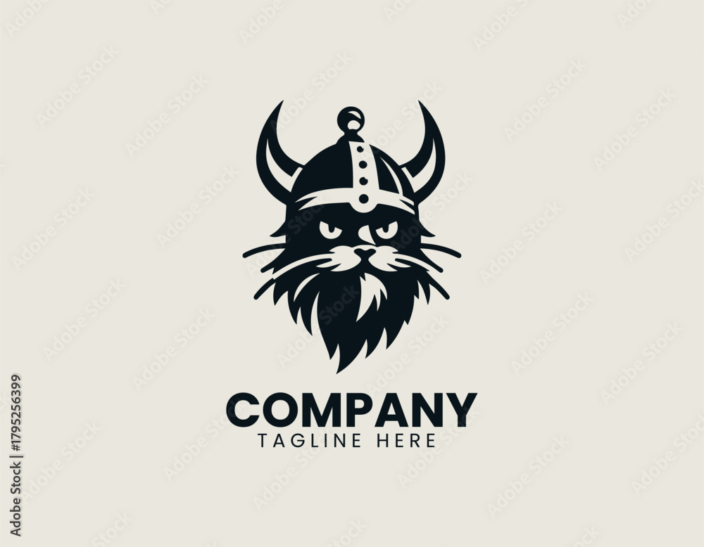 Obraz premium Viking cat holds strong stance wearing helmet in bold heroic logo design