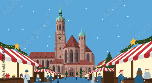 A striking flat design illustration showcasing the majestic Frauenkirche towering over the bustling Nuremberg Christkindlesmarkt, with gentle snowflakes enhancing the festive scene.