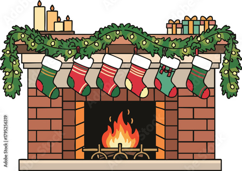 A festive Christmas scene of a brick fireplace with stockings and gifts on a mantle against a clean white background.