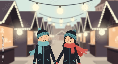 This flat design illustration captures the romantic and joyful atmosphere of the Nuremberg Christkindlesmarkt, showing a happy couple strolling hand-in-hand. 