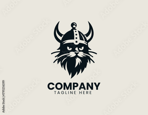 Viking cat holds strong stance wearing helmet in bold heroic logo design