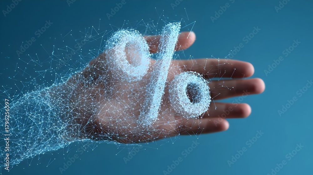 Fototapeta premium 3D low-poly percent symbol held in a hand, made of triangles, lines, and dots on a blue digital background. Concept: Banking, financial calculation, discount, and digital business visualization.