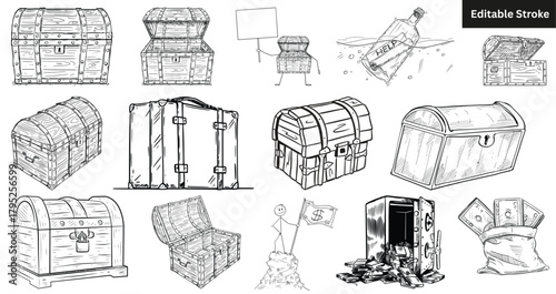 Set of 14 hand-drawn treasure chest and money icons. Doodle vector illustration of wealth, safes, and suitcases.