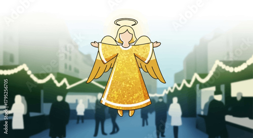 This flat design illustration showcases the iconic Nuremberg Rauschgoldengel, a delicate gold-foil angel decoration, embodying the unique charm of the Christkindlesmarkt. 