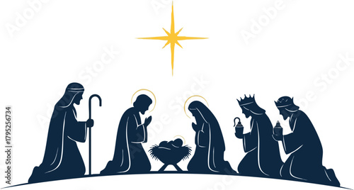 Flat illustration of a nativity scene with Christmas figures including Santa, Mary, Joseph, and the Three Wise Men gathered around a manger with a bright star shining above on a clean white