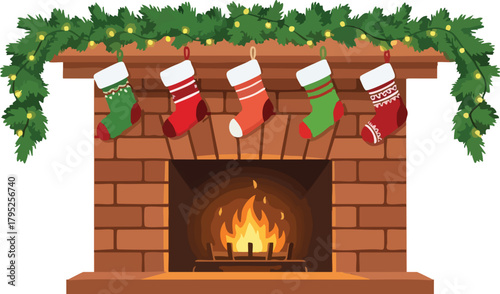 A festive Christmas scene featuring a brick fireplace with stockings and a cup of chocolate on a background with a deer and Santa Claus in a warm vector illustration.