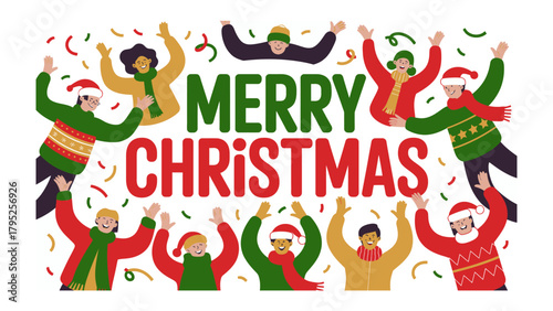 Christmas Cheer: Vibrant illustration of individuals surrounding festive text, spreading holiday joy and celebration.