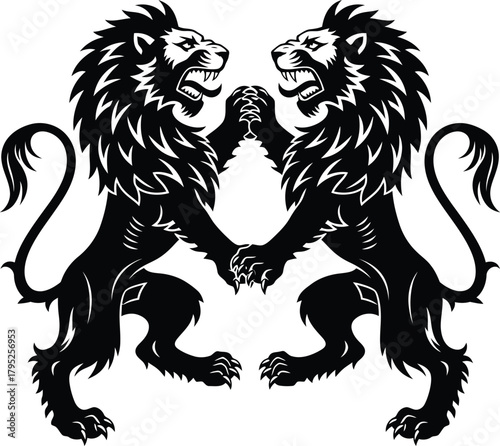 Two heraldic lions rampant facing each other black and white illustration eps silhouette